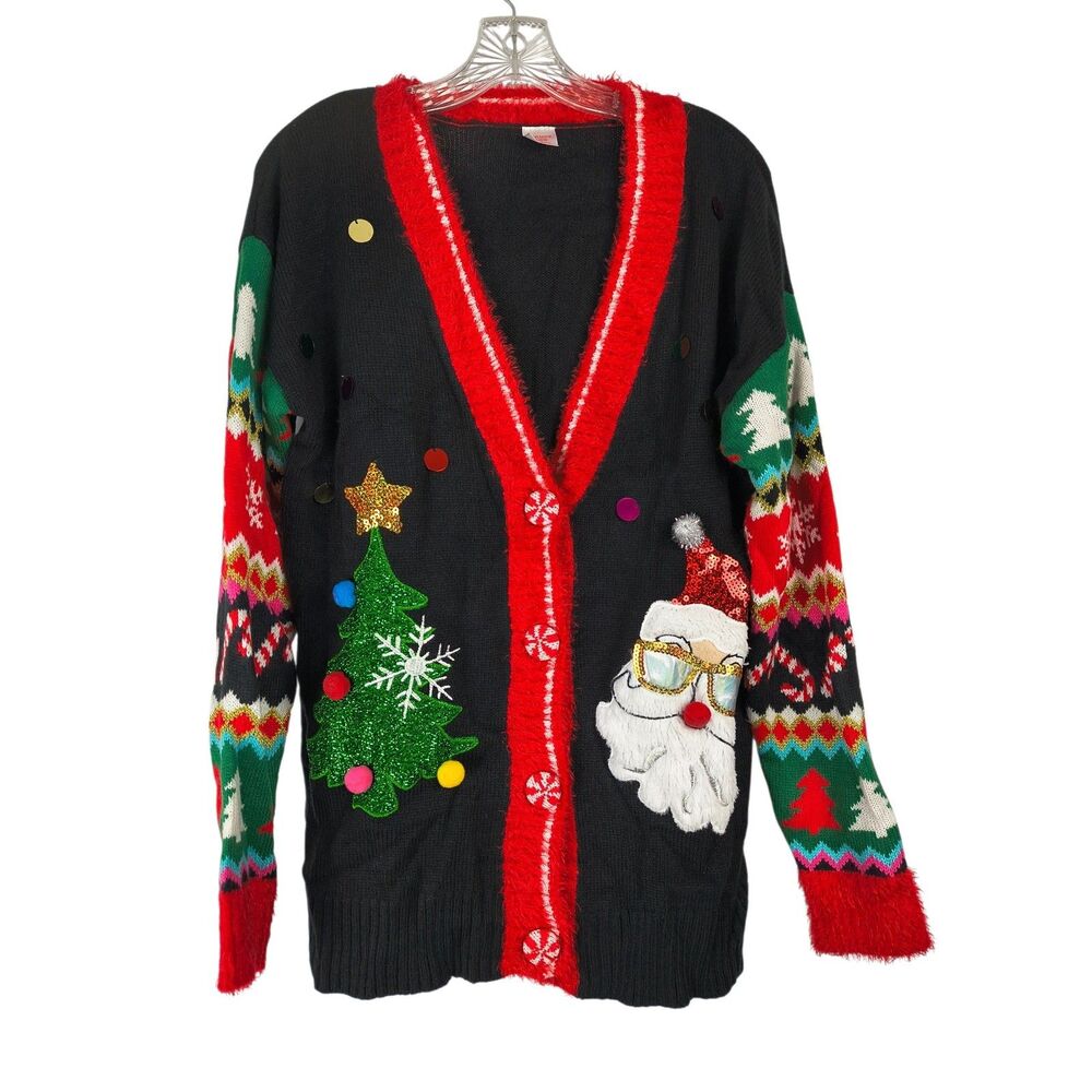 Holiday Time Cardigan Women's S Red Black Ugly Christmas Sweater Santa Tree